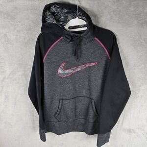 Nike‎ Therma-FIT Womens Hoodie Large Black Gray Pink Swoosh Pullover 555890-033